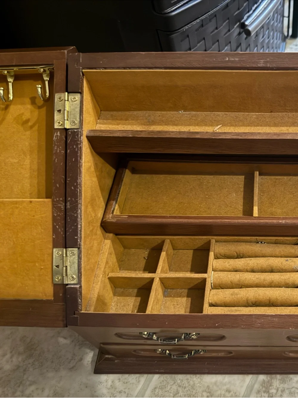 Wood-Finish Jewelry Organizer with Etched Glass Panels - Brown